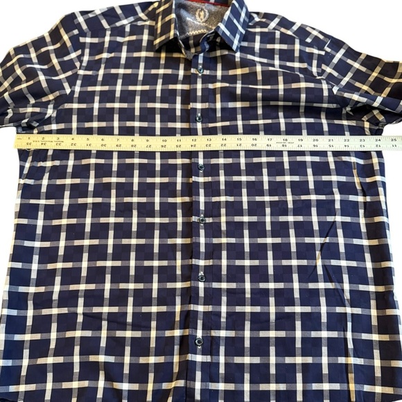 Navy check bugatchi uomo 100% cotton button down see measurements xl - Picture 9 of 11